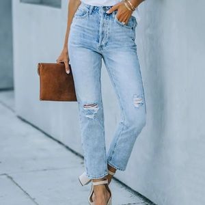 Kason Distressed High Rise Straight Leg Denim 27